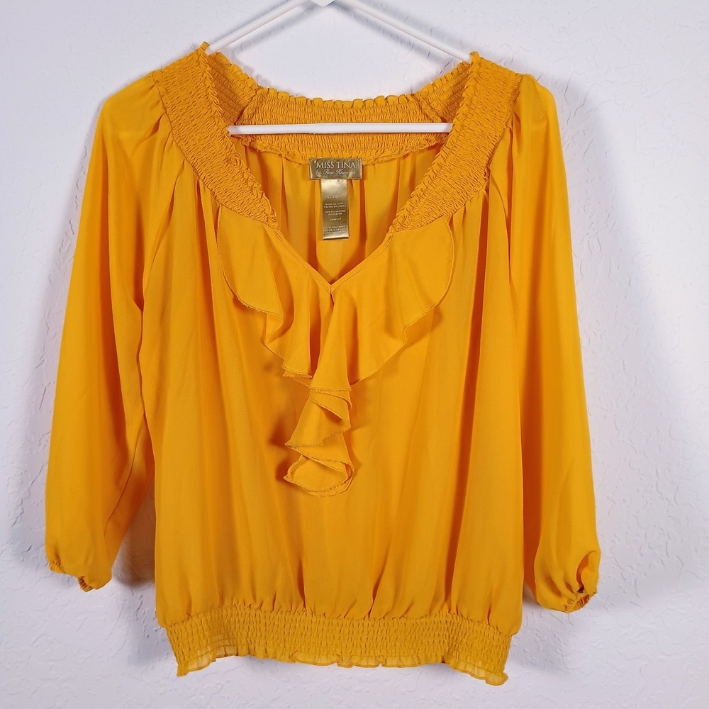 Miss Tina by Tina Knowles Blouse Womens S 4/6‎ Yellow Ruffle V-Neck Sheer Top